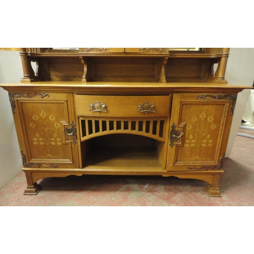 451 - In the Manner of Shapland & Petter of BarnstapleArts & Crafts inlaid oak sideboard, the top ... 