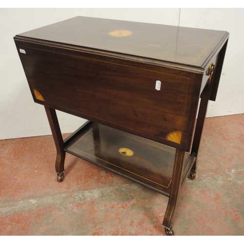 455 - Late Victorian mahogany Sutherland table, inlaid with satinwood paterae and similar spandrels, with ... 