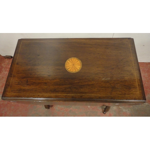 455 - Late Victorian mahogany Sutherland table, inlaid with satinwood paterae and similar spandrels, with ... 