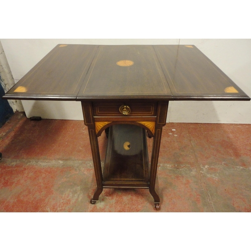 455 - Late Victorian mahogany Sutherland table, inlaid with satinwood paterae and similar spandrels, with ... 