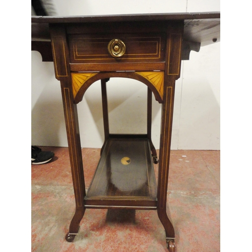 455 - Late Victorian mahogany Sutherland table, inlaid with satinwood paterae and similar spandrels, with ... 