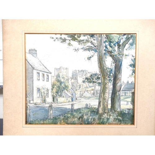 269 - E. Barham.Bamburgh Castle from the town.Watercolour, pen and ink.Signed. 31cm x 38cm.Also another of... 