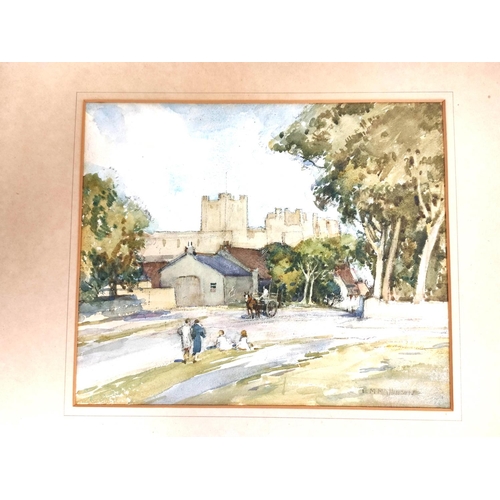 269 - E. Barham.Bamburgh Castle from the town.Watercolour, pen and ink.Signed. 31cm x 38cm.Also another of... 