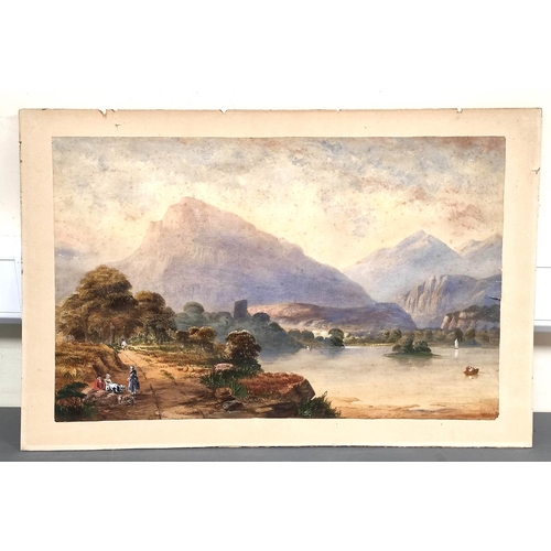 270 - J. U. Champoilii.Lakeland view with figures and boats.Watercolour and gouache.Signed. 44cm x 69cm.... 