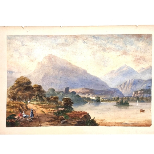 270 - J. U. Champoilii.Lakeland view with figures and boats.Watercolour and gouache.Signed. 44cm x 69cm.... 