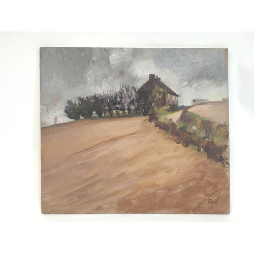 277 - Sheila Fell R.A. (1931-1979).Farmhouse on a lane between ploughed fields.Oil on panel.Signed 