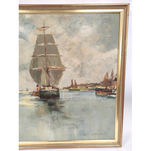 278 - James Kay R.S.A.  R.S.W. (1858-1942).Shipping on the Clyde.Oil on board. Signed.53cm x 72cm.Prov: An... 