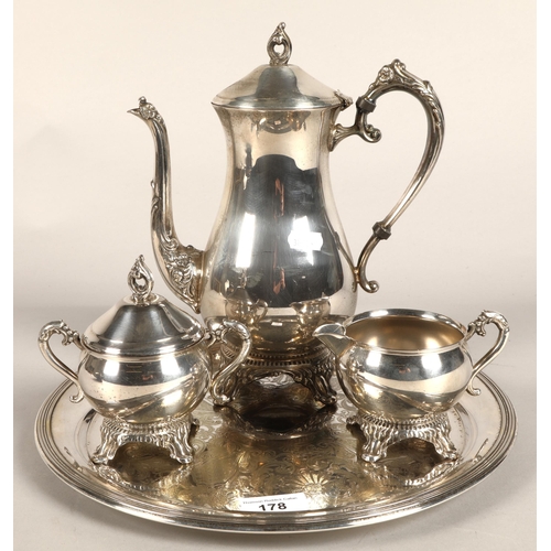 178 - Silver plated coffee pot, sugar bowl and creamer on tray (4)