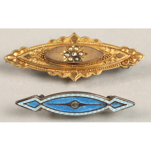 80 - 9ct gold gem and seed pearl set mourning brooch, and hallmarked silver enamelled brooch (2)