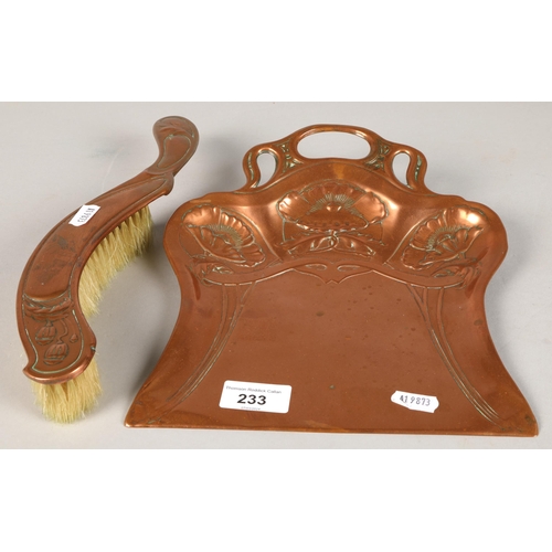 233 - Copper Art Nouveau style crumb dustpan and brush