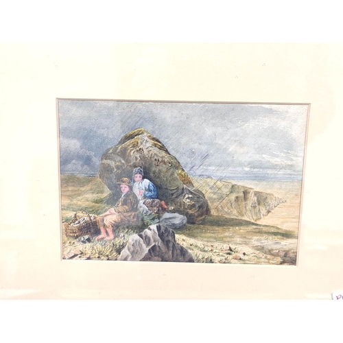 290 - W. Hill.On a mountain track.Gouache.Signed and dated 1865.8cm x 15cm.Also three other small oils and... 