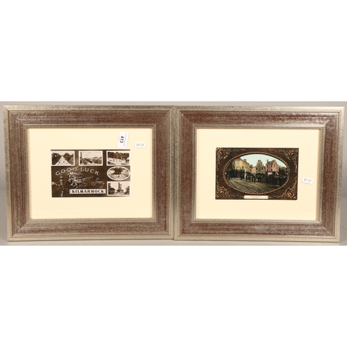 413 - Four framed pictures, including pen and ink of Bank Street Kilmarnock and two framed postcards