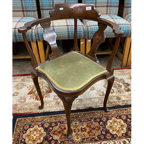 552 - Inlaid mahogany corner chair with green upholstery