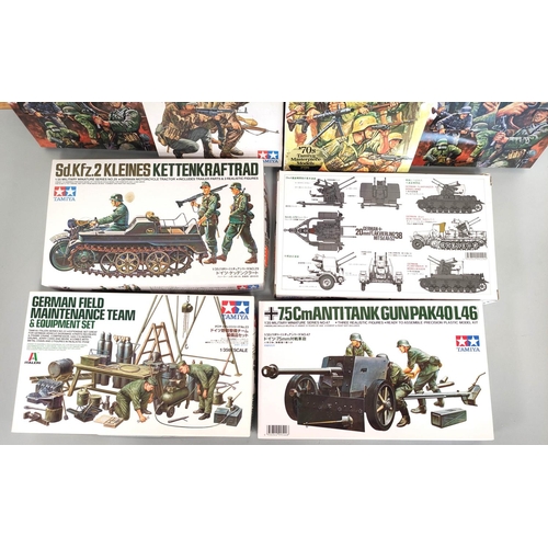 105 - Tamiya. Box of 1:35 scale figurines to include German Assault Troops, German Panzer Grenadiers, SdKf... 