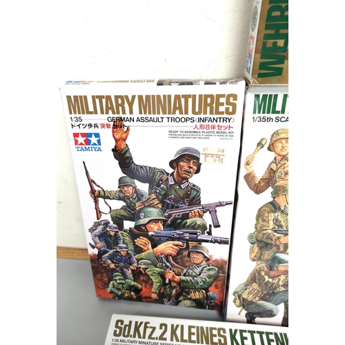 105 - Tamiya. Box of 1:35 scale figurines to include German Assault Troops, German Panzer Grenadiers, SdKf... 