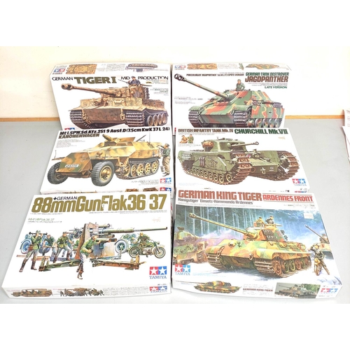 106 - Tamiya. Group of 1:35 scale models to include German Tiger I Tank No 194, Tank Destroyer Jagdpanther... 