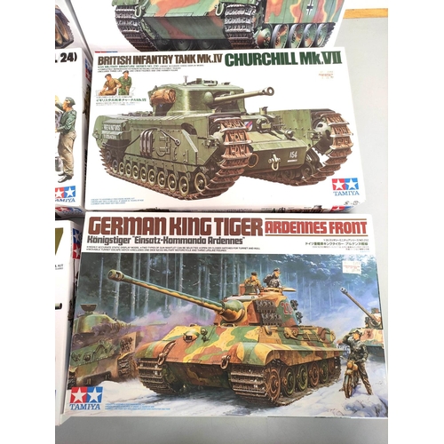 106 - Tamiya. Group of 1:35 scale models to include German Tiger I Tank No 194, Tank Destroyer Jagdpanther... 