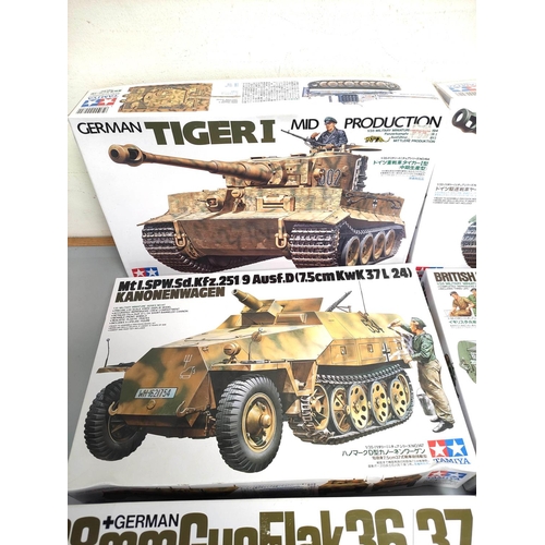 106 - Tamiya. Group of 1:35 scale models to include German Tiger I Tank No 194, Tank Destroyer Jagdpanther... 