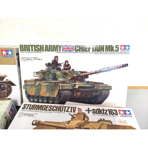 108 - Tamiya. Group of 1:35 scale models to include British Army Chieftain Mk.5 No 68, SdKfz163 No 87, Fla... 