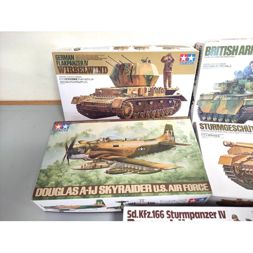 108 - Tamiya. Group of 1:35 scale models to include British Army Chieftain Mk.5 No 68, SdKfz163 No 87, Fla... 