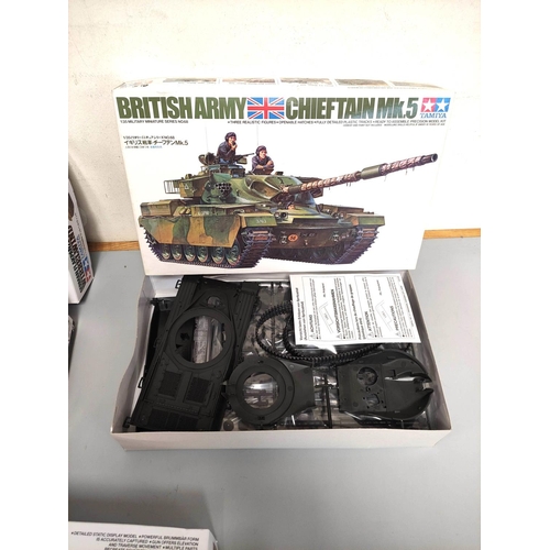 108 - Tamiya. Group of 1:35 scale models to include British Army Chieftain Mk.5 No 68, SdKfz163 No 87, Fla... 