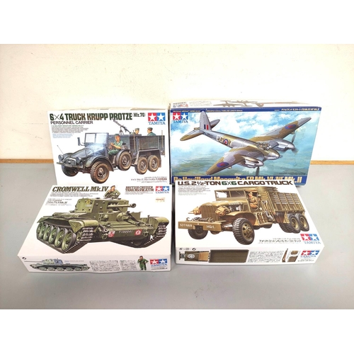 109 - Tamiya. Group of models to include a 1:35 scale British Cromwell Mk IV Tank, 1:48 scale De Havilland... 