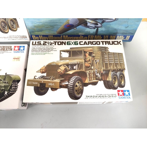 109 - Tamiya. Group of models to include a 1:35 scale British Cromwell Mk IV Tank, 1:48 scale De Havilland... 