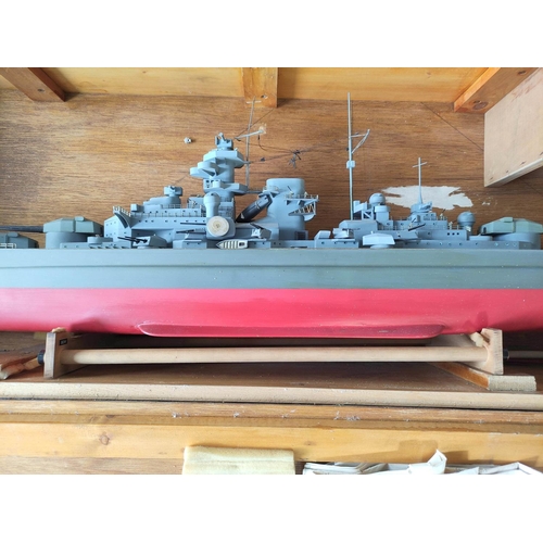 357 - Impressive 1:200 scale r.c scatch built model of the Bismarck contained in wooden storage case along... 