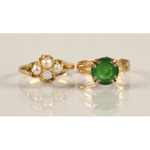 114 - 9 carat gold green gem set ring, size K and another yellow metal ring