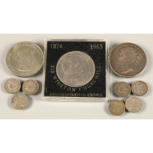 121 - Small assortment of coins including 1847 silver crown