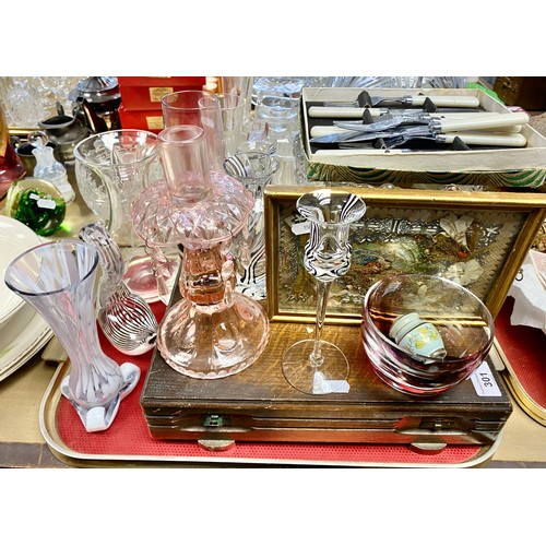 301 - Art glass vase, candleholder, cased cutlery canteen and various other glass items