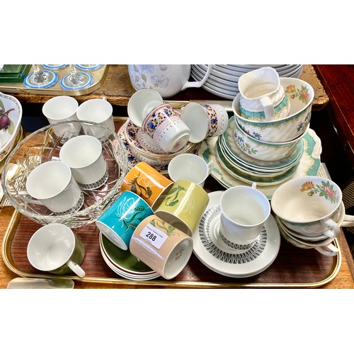 288 - Assorted Susie Cooper teacups and saucers, Royal Doulton part tea service, crystal bowl, etc