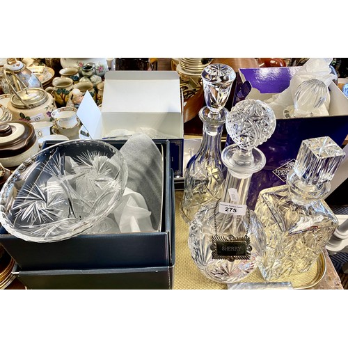 275 - Boxed Edinburgh Crystal decanter, other decanters, boxed Bohemia Crystal vase, etc