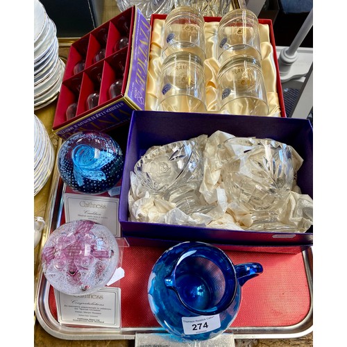 274 - Caithness Glass paperweights, blue and white art glass jug, boxed Dewar's Golden Jubilee tumblers, e... 