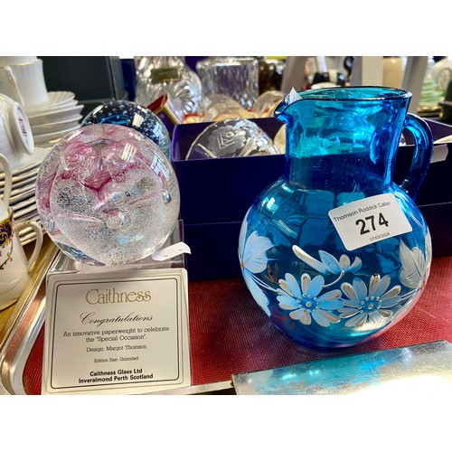 274 - Caithness Glass paperweights, blue and white art glass jug, boxed Dewar's Golden Jubilee tumblers, e... 