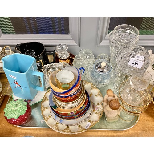 329 - Crystal vases, crystal ashtrays, whisky jugs, decorative plates, etc