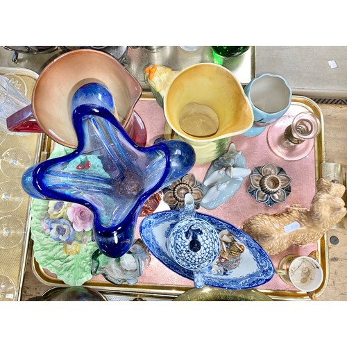 302 - Blue art glass vase, Nao swan figure, dog figures, assorted decorative ceramics, etc