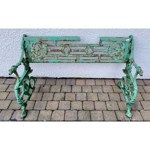 493 - Victorian green cast iron garden bench frame with serpent motif, 139 cm long