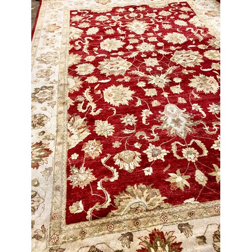 574 - Red and cream GH Firth Ltd hand knotted Wool pile carpet, 430 x 307cm