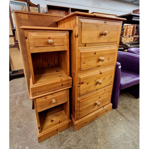 583 - Pine four drawer tall boy, 122 x 54 x 61cm, pair of matching bedside single drawer cabinets 38 x 38 ... 