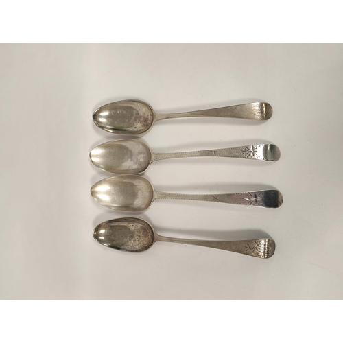 102 - Two silver tablespoons, initialled, 1761 and 1775 and two others, bright cut 1799, 284g. 9oz.