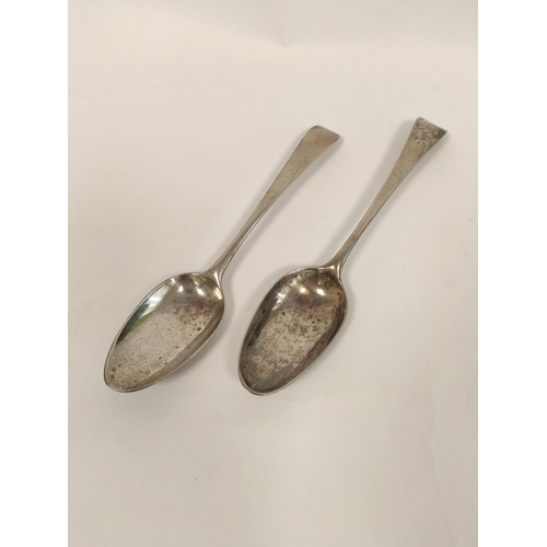 102 - Two silver tablespoons, initialled, 1761 and 1775 and two others, bright cut 1799, 284g. 9oz.