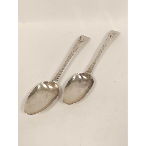 102 - Two silver tablespoons, initialled, 1761 and 1775 and two others, bright cut 1799, 284g. 9oz.