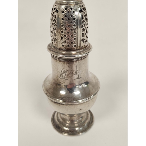 105 - Silver baluster muffineer of typical style, crested, by Sam Wood 1750, 134g, 4oz