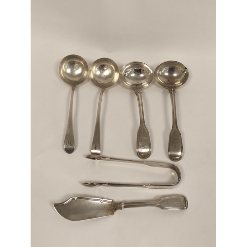 108 - Pair of silver sauce ladles 1836, another two 1780 and 1792, a butter knife, sugar tongs and a butte... 