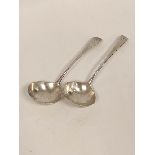 108 - Pair of silver sauce ladles 1836, another two 1780 and 1792, a butter knife, sugar tongs and a butte... 