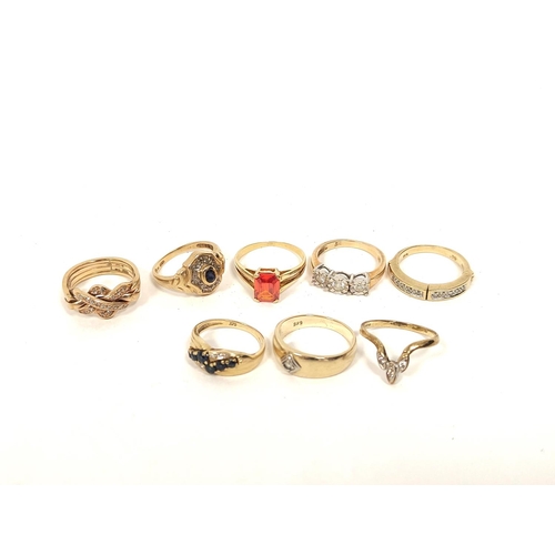 111 - Two gem rings in gold '585' and six others 9ct. 22g gross