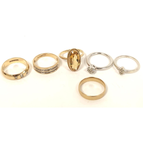 114 - Two diamond rings in white gold, another with citrine, and three others, all 9ct. 16g gross