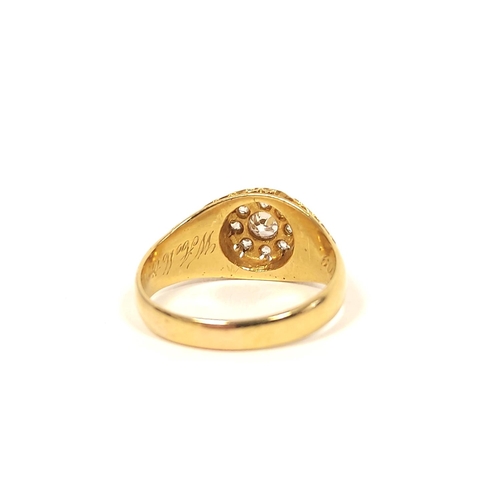 120 - Diamond ring in pierced and champlevé, 18ct gold, dated 1909. 5.3g. Size 'N'