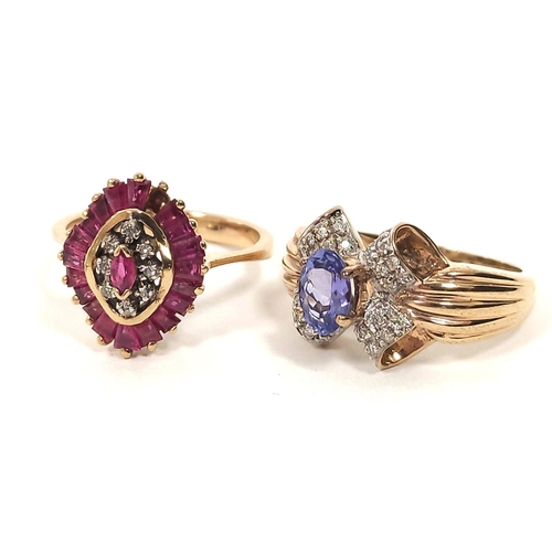 123 - Ruby and diamond marquise ring in 9ct gold and a similar ring modelled as a bow '10k' 7g